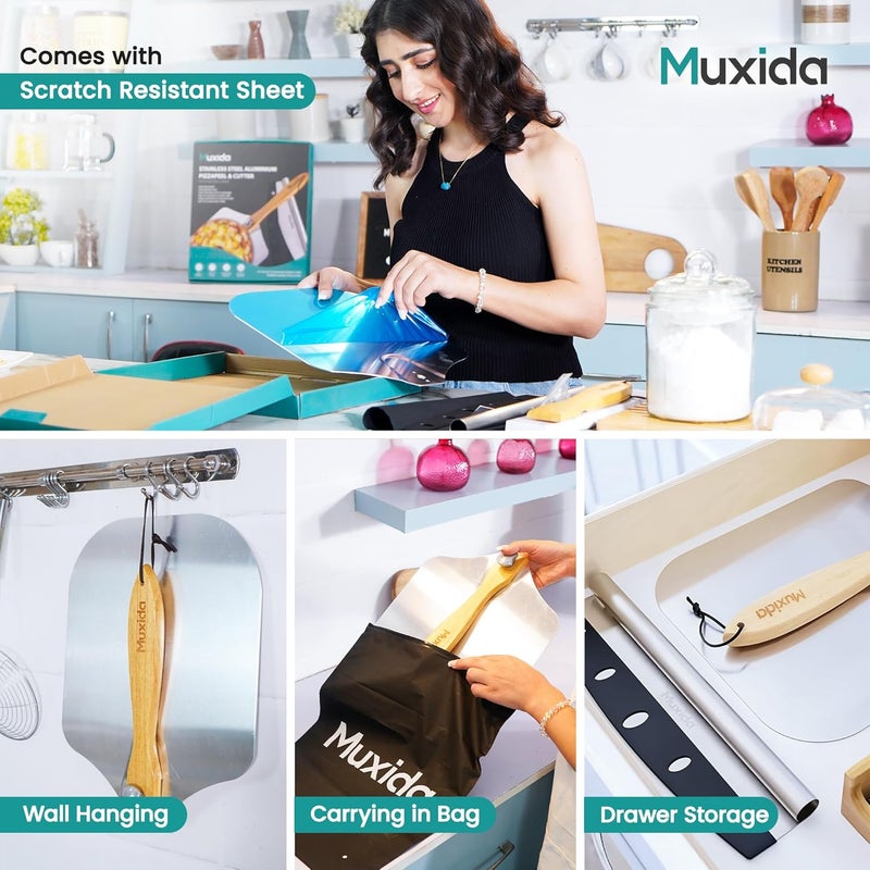 Muxida Aluminum Pizza Peel & Rocker Cutter Set (12" x 14") – Premium Stainless Steel Pizza Paddle with Foldable Wooden Handle, Lightweight Pizza Spatula with Storage Bag for Oven & Outdoor Pizza Maker - Image 2